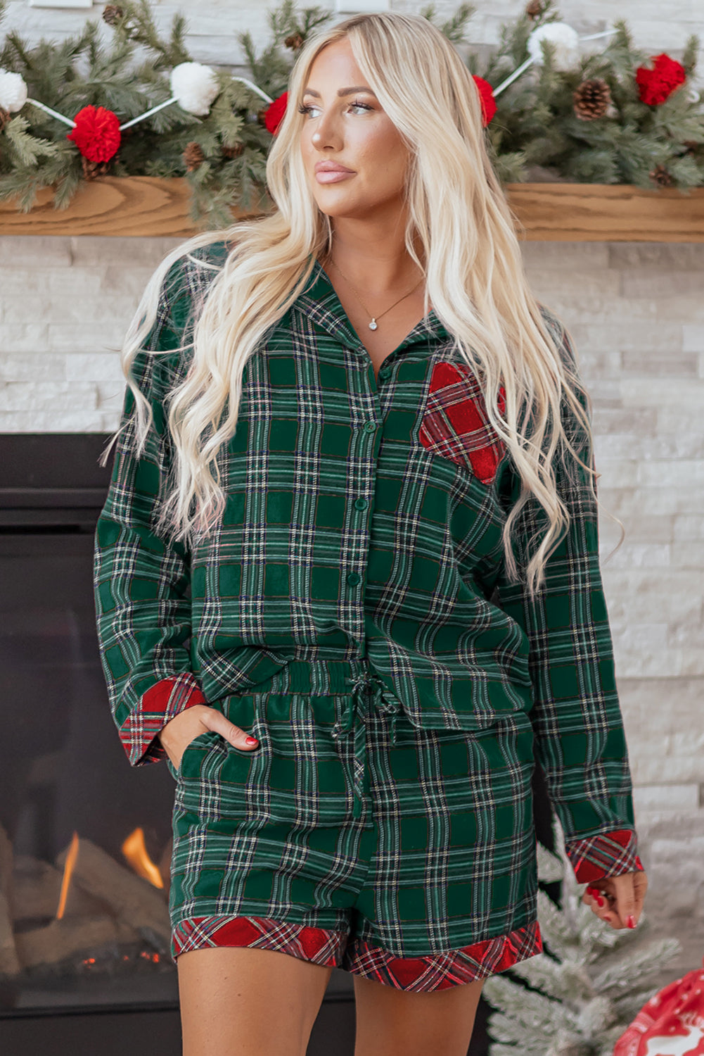 Festive Green Plaid Contrast Patched Christmas Holiday Long Sleeve Shirt & Short Pajama Set for Women