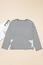 Gray Stripe Starry Patch Drop Shoulder Raw Edge Casual Knit Top