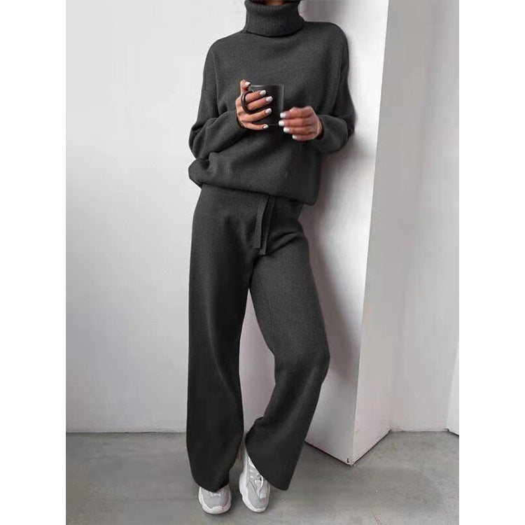 Chic Turtleneck Solid Color Knit Sweater and Pants Set for Women - Casual & Stylish