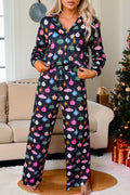Navy Blue Christmas Lights Print Shirt and Pants Pajama Set - Festive & Comfortable