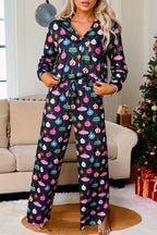 Navy Blue Christmas Lights Print Shirt and Pants Pajama Set - Festive & Comfortable