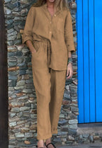 Men's Casual Solid Color V-Neck Cotton Linen Two-Piece Set - Comfortable & Breathable