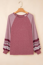 Mineral Red Contrast Print Striped Raglan Long Sleeve Loose Top