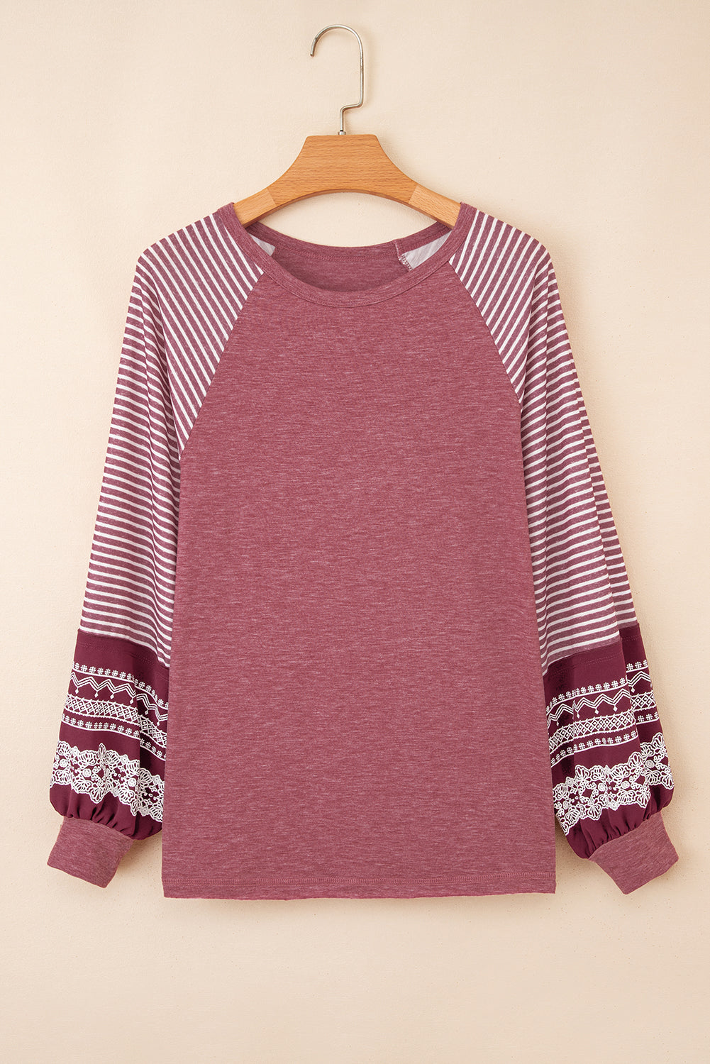 Mineral Red Contrast Print Striped Raglan Long Sleeve Loose Top