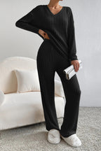 Women's Ribbed V-Neck Top and Pants Loungewear Set - Comfortable & Stylish