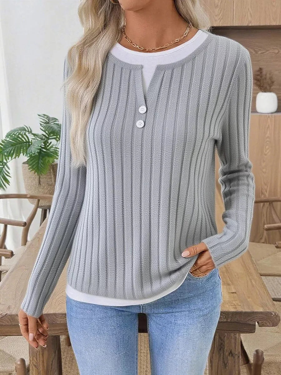Ribbed Knit Long Sleeve Henley T-Shirt