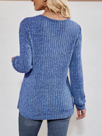 Ribbed Knit V-Neck Long Sleeve T-Shirt