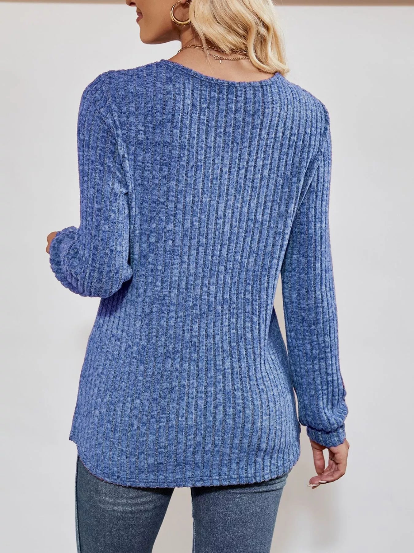 Ribbed Knit V-Neck Long Sleeve T-Shirt