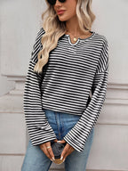 Striped Notched Long Sleeve T-Shirt