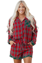 Dearlovers Women's Red Plaid Contrast Patched Christmas Holiday Long Sleeve Shirt and Short 2-Piece Pajama Set