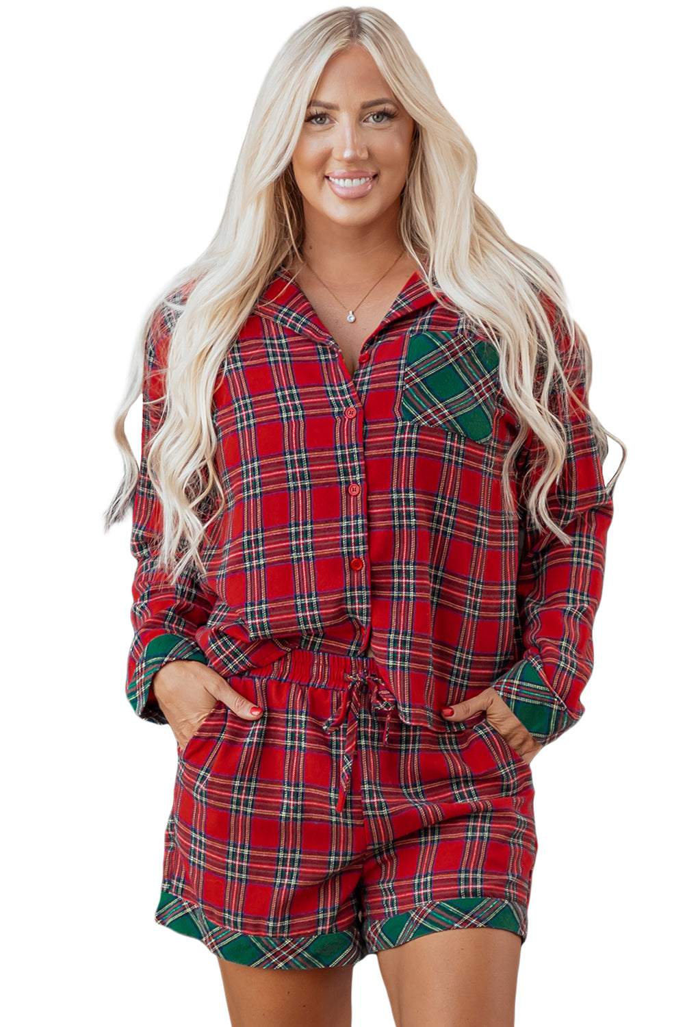 Dearlovers Women's Red Plaid Contrast Patched Christmas Holiday Long Sleeve Shirt and Short 2-Piece Pajama Set