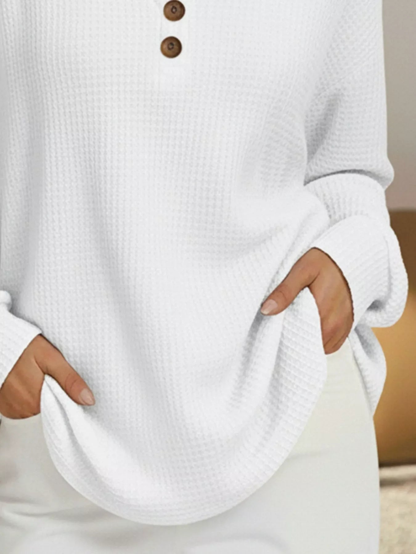 Full Size Casual Waffle Knit V-Neck Long Sleeve T-Shirt Plus Size