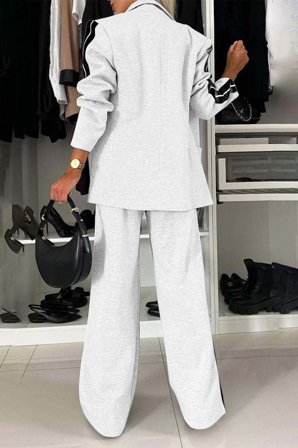 Chic Contrast Lapel Collar Buttoned Top and Pocketed Pants Two-Piece Set - 100% Polyester
