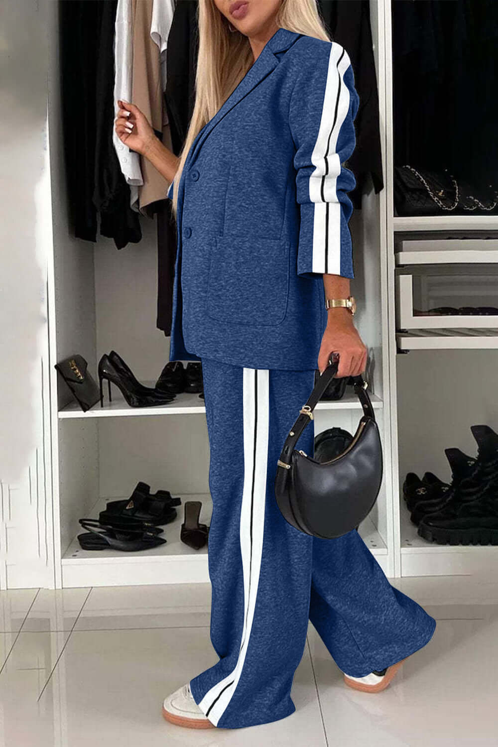 Chic Contrast Lapel Collar Buttoned Top and Pocketed Pants Two-Piece Set - 100% Polyester