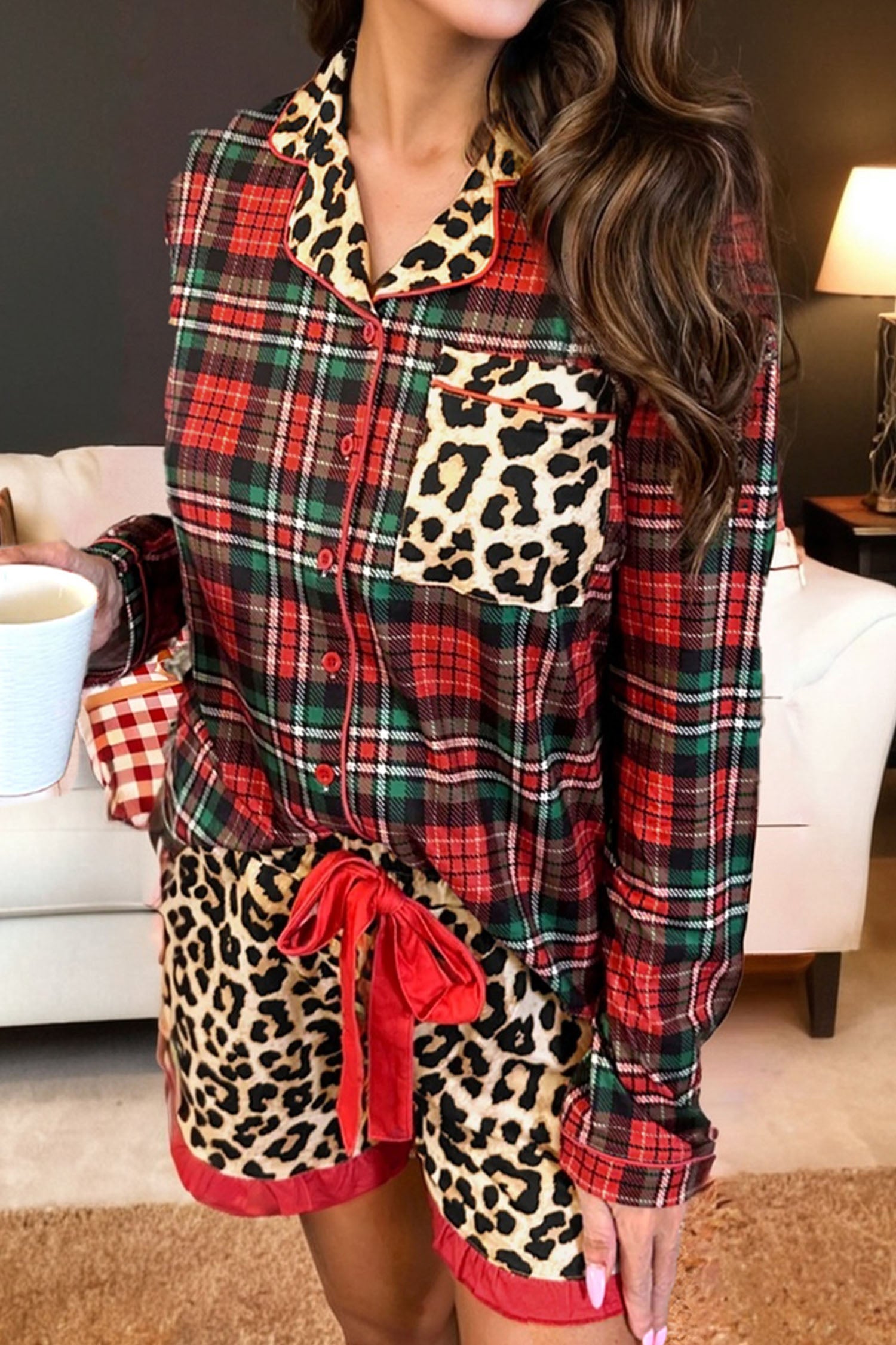 Racing Red Retro Plaid & Leopard Print Patchwork Long Sleeve Pajama Set with Shorts