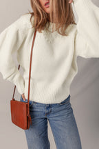 White Flower Detail Round Neck Contrast Textured Puff Sleeve Sweater