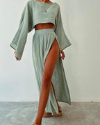 Stylish Slit Cotton and Linen Casual Two-Piece Set for Women - Perfect for Spring, Autumn, and Summer