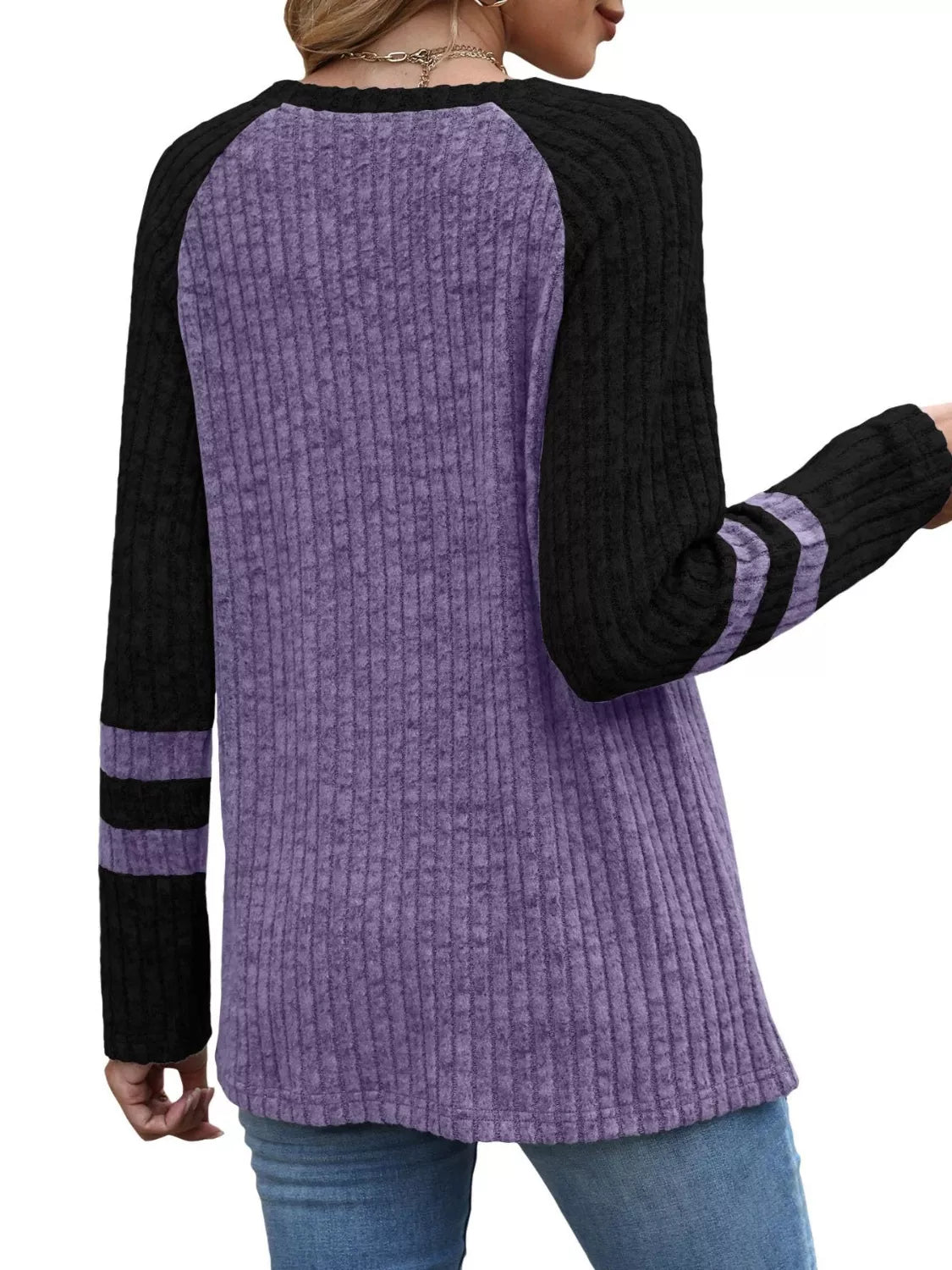 Ribbed Knit Raglan Long Sleeve T-Shirt