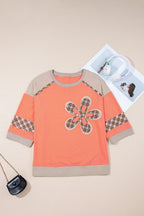 Grapefruit Orange Plaid Waffle Flower Patchwork Bracelet Sleeve Top