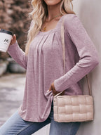 Pleated Square Neck Long Sleeve T-Shirt