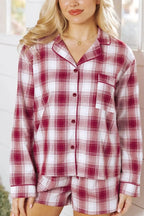 Plaid Long Sleeve Shirt and Drawstring Shorts Lounge Set