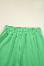 Bright Green Drop Shoulder Puff Sleeve Crop Pullover Drawstring Wide Leg Pants Set