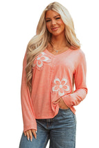 Fresh Salmon Floral Patchwork V Neck Long Sleeve T Shirt
