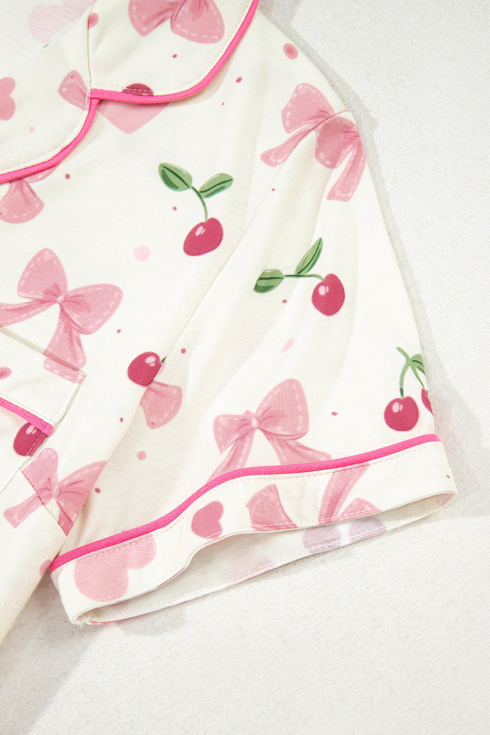 Beige Bow Fruit Print Contrast Pipping Short Pajamas Set