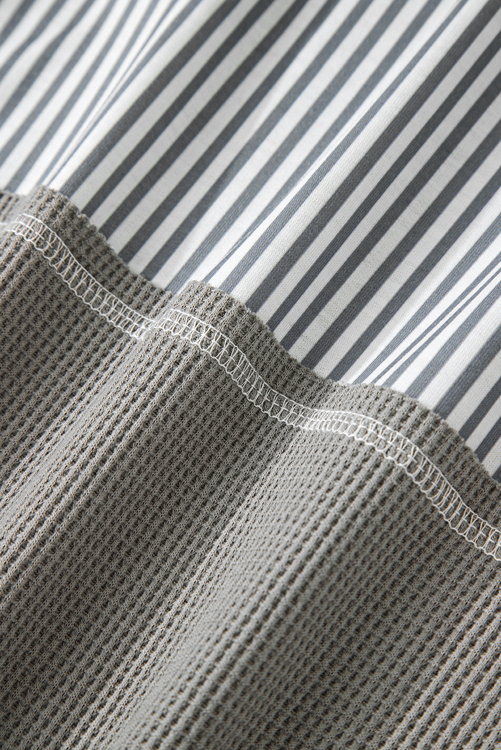 Gray Waffle Printed Patchwork Drawstring Hooded Long Sleeve Top