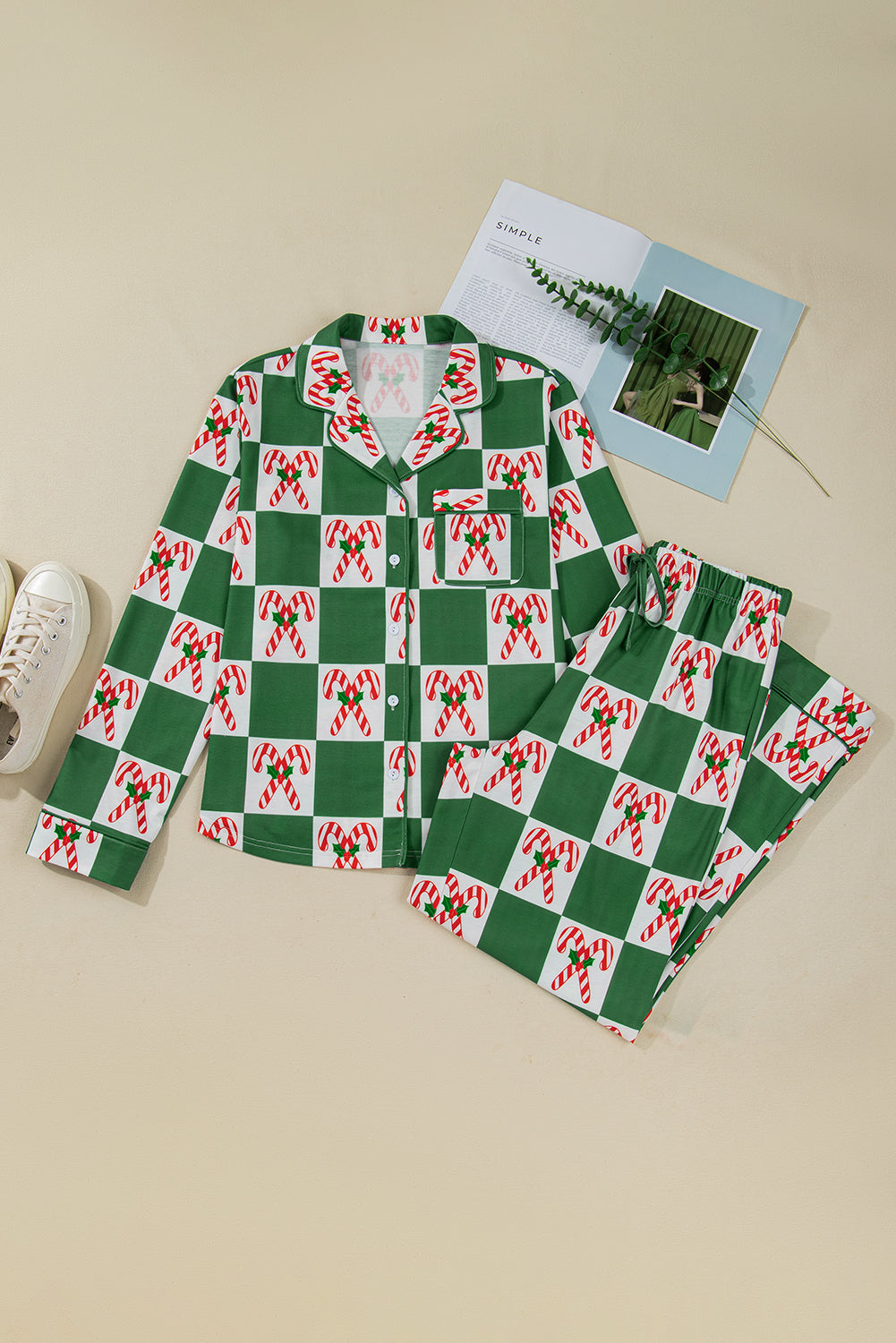Festive Green Holly Jolly Checkered Pattern 2-Piece Long Pajama Set for Women