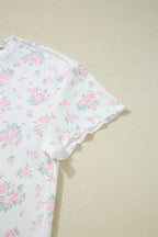 Women's Pink Floral Lettuce Trim Ribbed Tee and Shorts Lounge Set