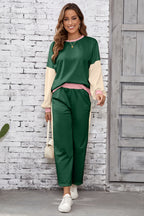 Blackish Green 2pcs Color Block Pullover Loose Pant Set