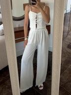 Linen Blend Camisole Two-Piece Set with Tie Front Detail - Casual & Loose Fit