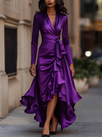 Midnight Blue Draped Satin Maxi Dress With Ruffle Details