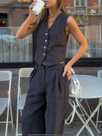 Women's Elegant V-Neck Pleated Cotton and Linen Wide-Leg Pants Suit - Sleeveless, Breathable, Casual Chic Set
