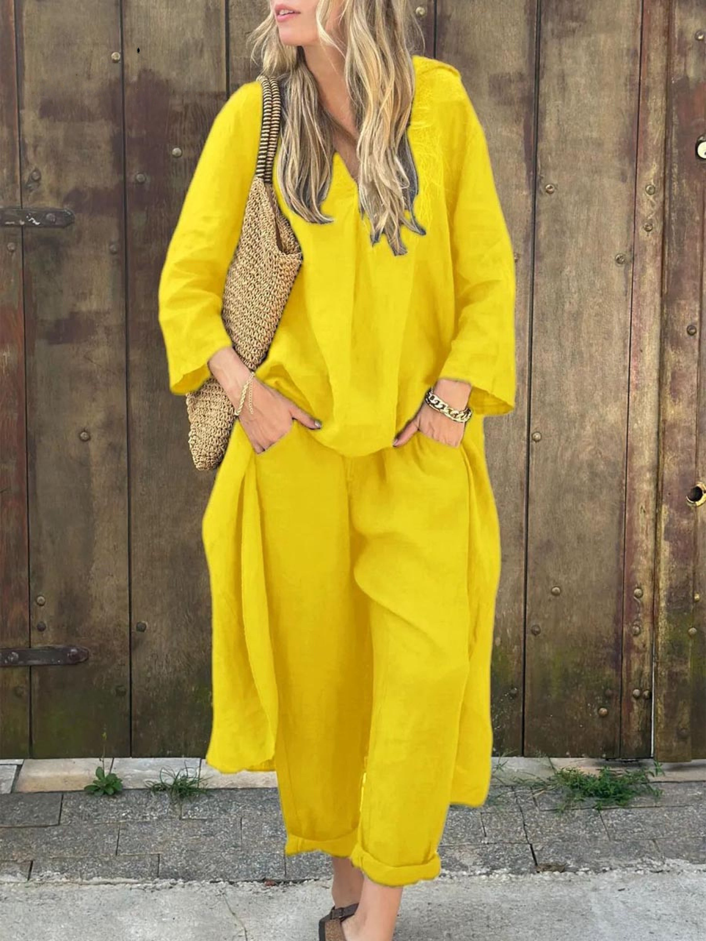 Women's Linen Blend V-Neck Long Sleeve Loose Top & High-Waisted Wide-Leg Pants Set - Perfect for Spring Casual Wear