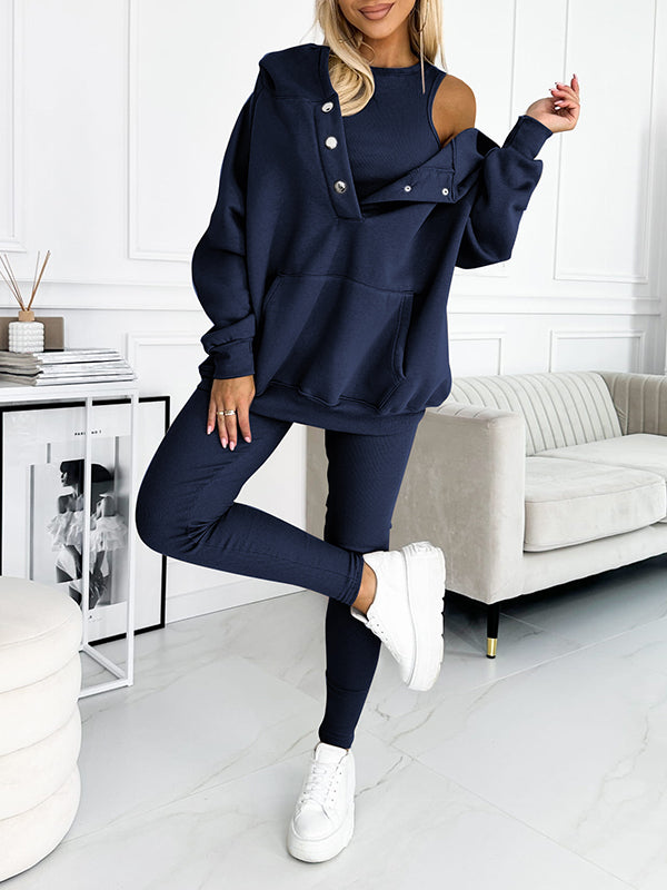 Comfortable & Stylish Grey Three-Piece Sweatshirt Set for Women - Includes Vest, Top, and Pants