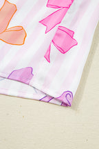 Pink Striped Bow Print Contrast Piping Trim Shirt and Pants 2pcs Pajama Set