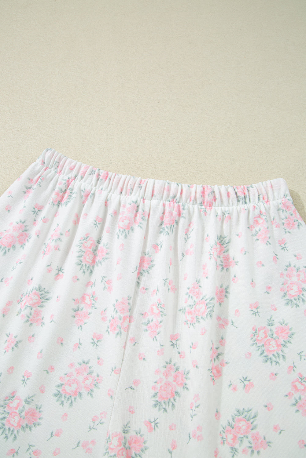 Women's Pink Floral Lettuce Trim Ribbed Tee and Shorts Lounge Set