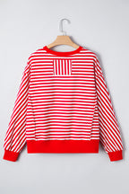 Red Stripe Exposed Seam Drop Shoulder Casual Pullover Top