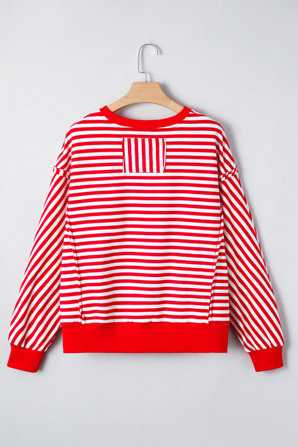 Red Stripe Exposed Seam Drop Shoulder Casual Pullover Top