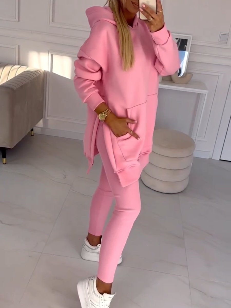 Cozy & Stylish: Women's Fashion Solid Color Hoodie and Lined Leggings Two-Piece Set for Spring/Fall