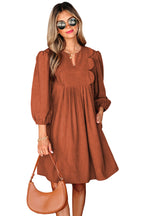 Cinnamon Bracelet Sleeve Split Neck Scallop Detail Pleated Corduroy Mini Dress