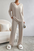 Women's Ribbed V-Neck Top and Pants Loungewear Set - Comfortable & Stylish