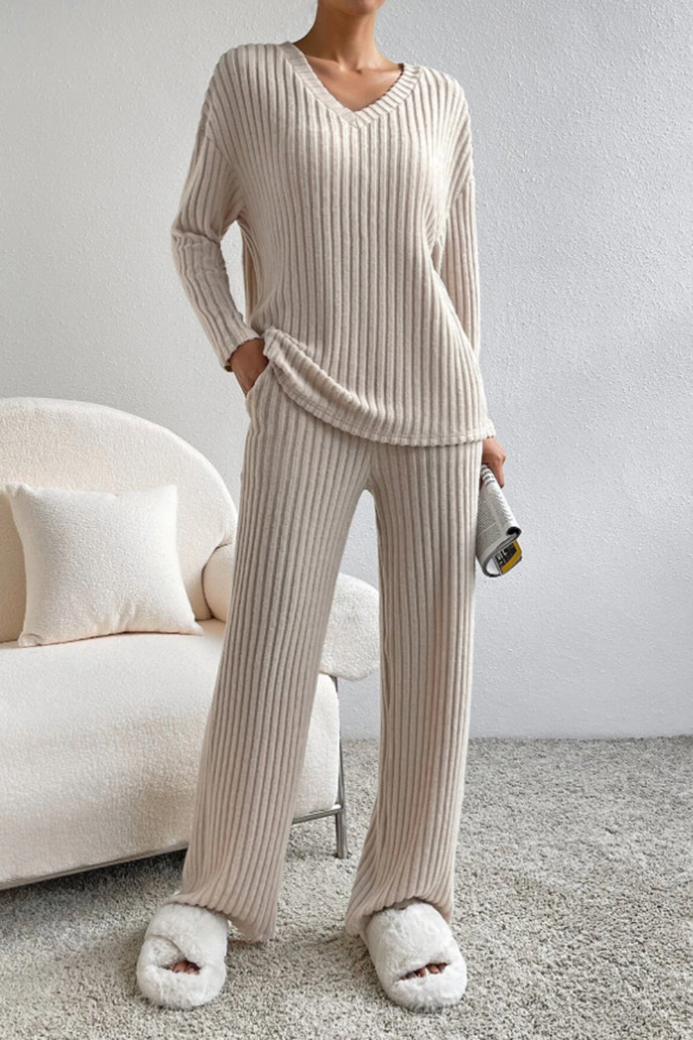 Women's Ribbed V-Neck Top and Pants Loungewear Set - Comfortable & Stylish