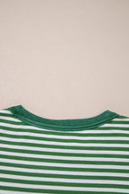 Green Stripe Thermal Knit Drop Shoulder Casual Top