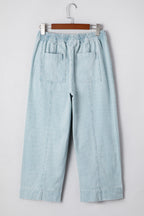 Sky Blue Stripe Mid Rise Drawstring Waist Jeans