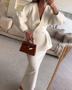 Elegant Women's V-Neck Solid Color Top and Skirt Two-Piece Set - Casual, Daily, Holiday, Going Out - Polyester