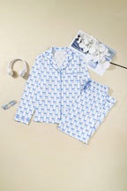 Sky Blue Bow Print Long Sleeve Shirt & Pants Pajama Set - Soft & Cozy Sleepwear for Women