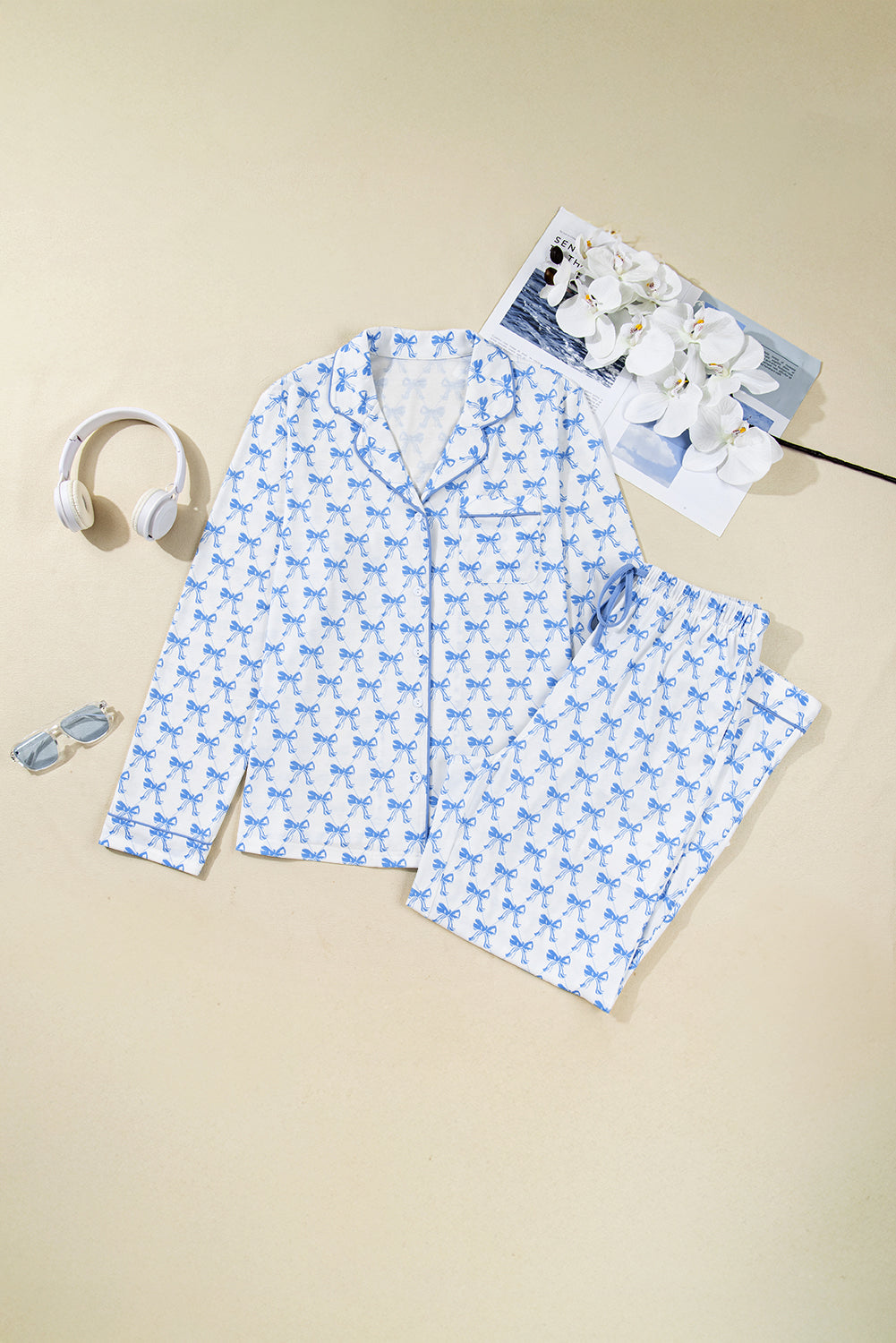 Sky Blue Bow Print Long Sleeve Shirt & Pants Pajama Set - Soft & Cozy Sleepwear for Women